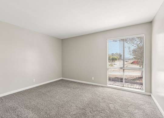 A room with a carpeted floor and a window with blinds.