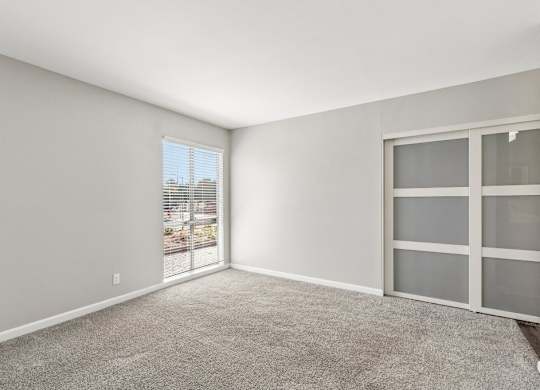 A room with a carpeted floor and a sliding glass door.