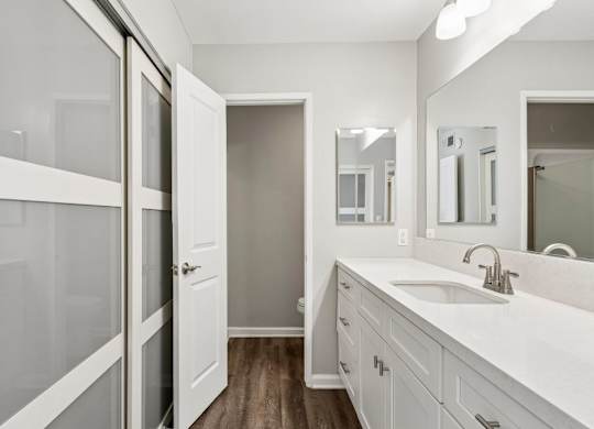 A bathroom with a white sink and a white door.