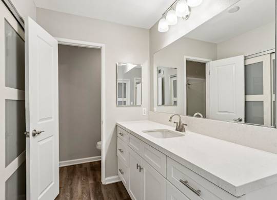 A bathroom with a white sink and a large mirror.