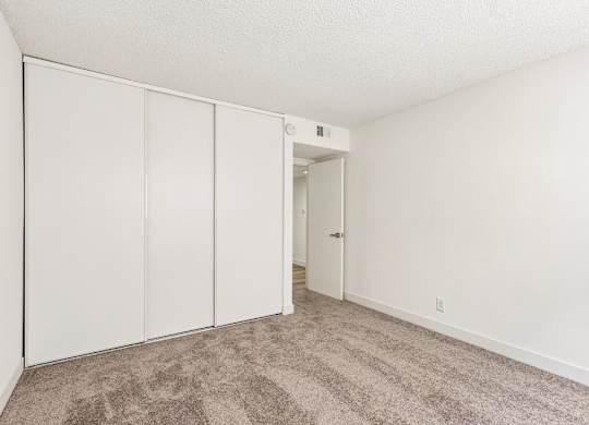 A room with white walls and a carpeted floor with a white door.