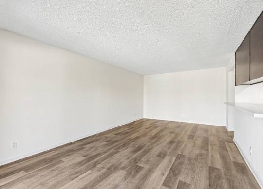 A room with wooden flooring and white walls.