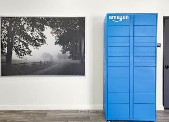 A blue Amazon storage locker stands next to a framed black and white photo of a foggy road.