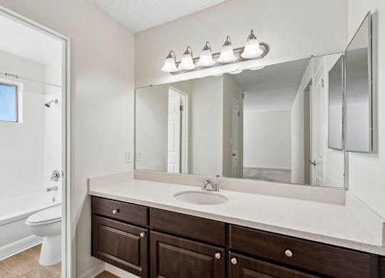 A bathroom with a sink, mirror, and toilet.