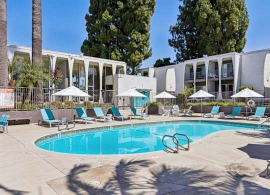 A swimming pool surrounded by lounge chairs and umbrellas.