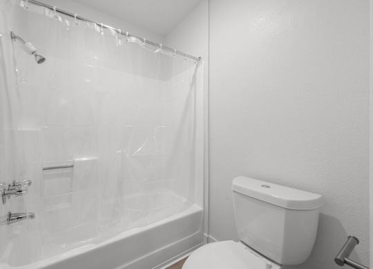 A white toilet sits next to a bathtub with a shower curtain.
