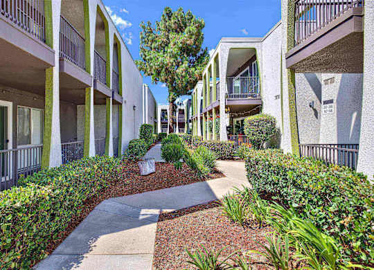 Courtyard pathway with landscaping and balconies at Parc @ 5 Apartments, Downey, CA
