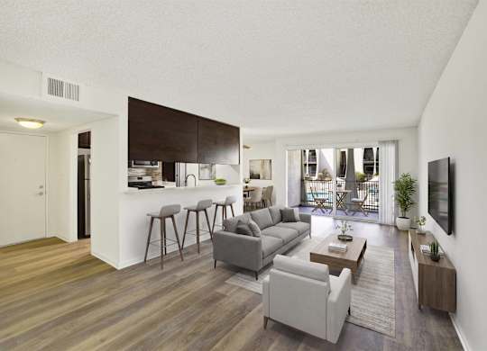Open living space with breakfast bar and balcony access at Parc @ 5 Apartments, Downey, 90240