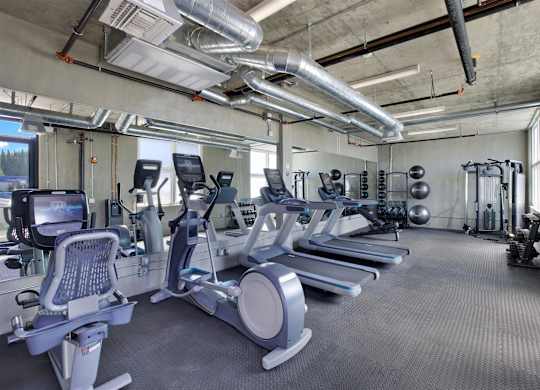 a gym with cardio equipment and weights in a buildingat the perch, Los Angeles, CA 90065