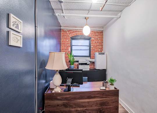 A desk with a lamp and a plant on it in a room.
