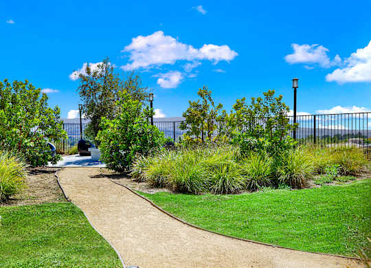 a walkway through a park with trees and grass at Monterra Ridge Apartments, Canyon Country, California