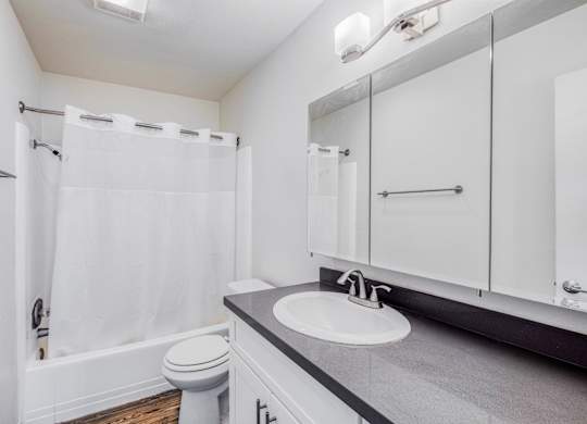 A white bathroom with a toilet, sink, and shower.