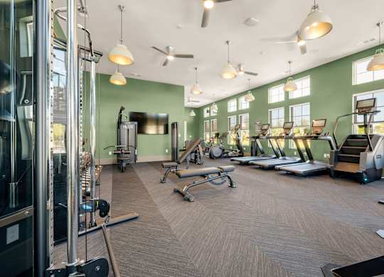A gym with a variety of equipment including treadmills, weights, and exercise machines.