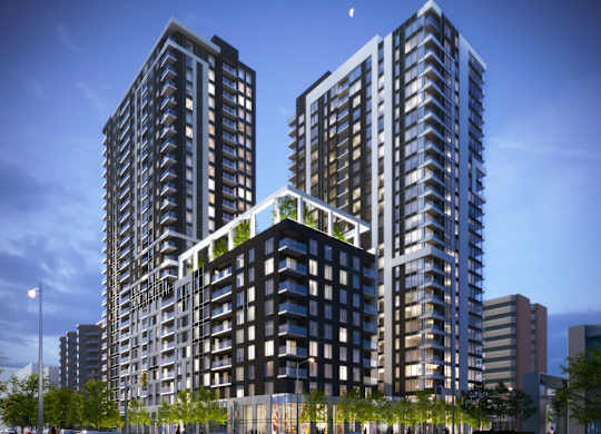 Two modern high-rise buildings with balconies and a green roof.