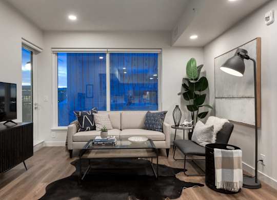 A modern living room with a black and white color scheme.