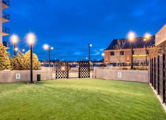A grassy area with lights and a fence in the background.