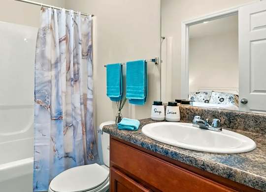 A bathroom with a marble patterned shower curtain.