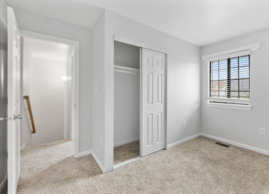 A room with a white door, a window with blinds, and a carpeted floor.