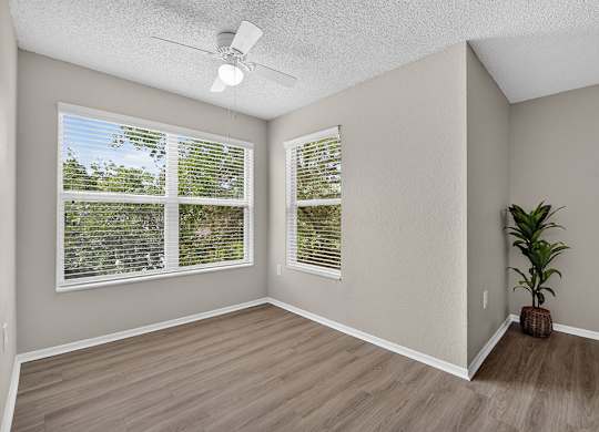 A room with a ceiling fan and a plant.