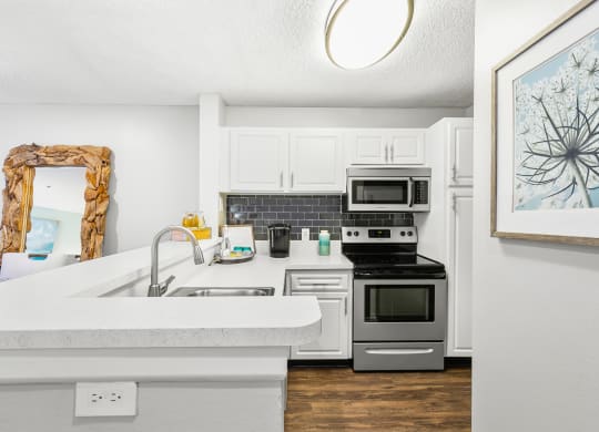 Kitchen Featuring White Cabinets & Stainless Steel Appliances