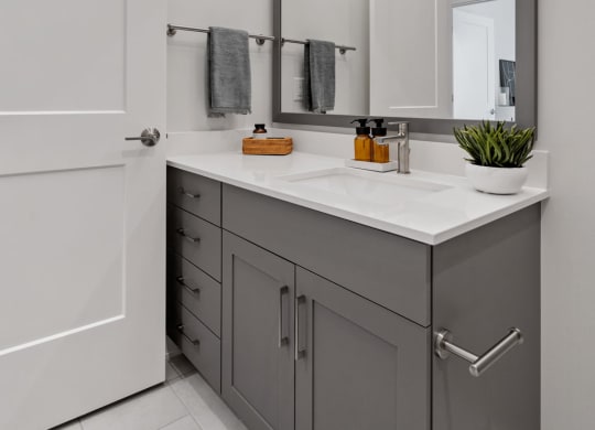 Bathroom Featuring Spacious Grey Vanity