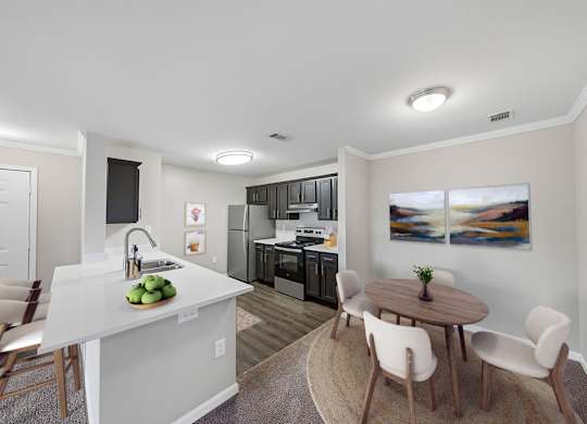 A kitchen with a separate dining area.