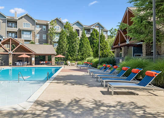 A pool surrounded by sun loungers and trees.