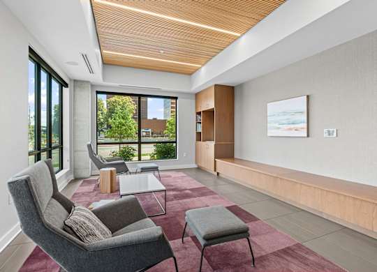 A modern living room with a grey chair and a red rug.