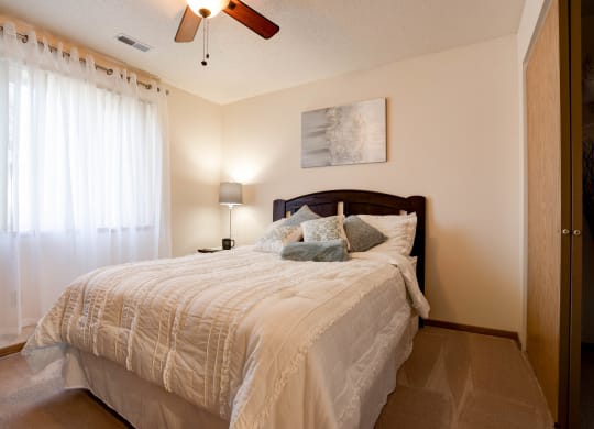 Carpeted Bedroom With Ceiling Fan & Light