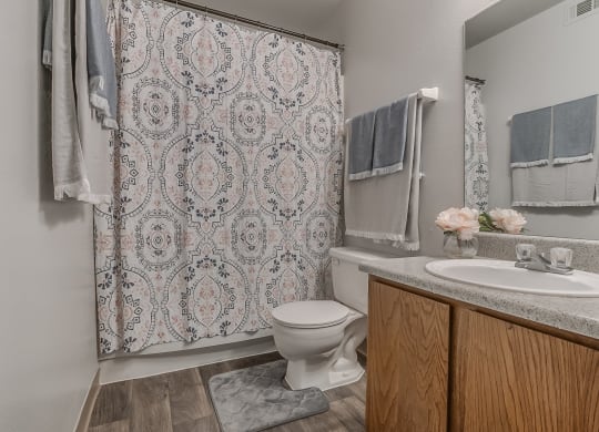 Bathroom Featuring Vanity & Wood-Style Flooring