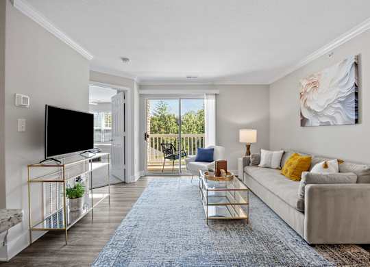 A living room with a grey couch, a blue rug, a television, and a painting on the wall.
