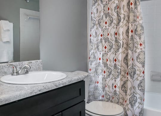 Bathroom with Wood Style Flooring and Black Vanity with Granite Countertop