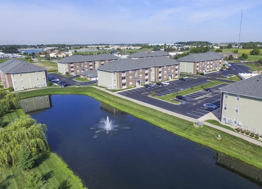 Ariel View of the Large Pond with Fountain
