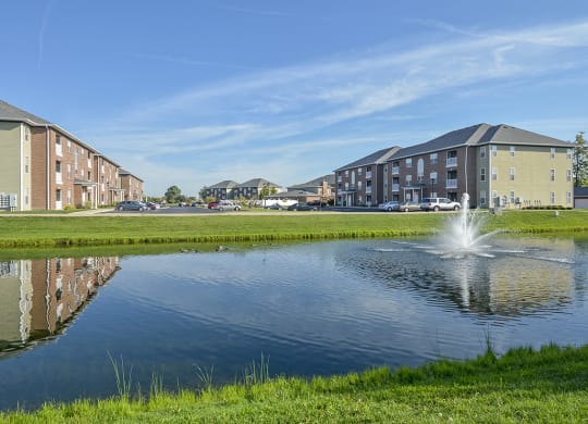 Towne Park Apartment Homes next to the Large Pond with Fountain