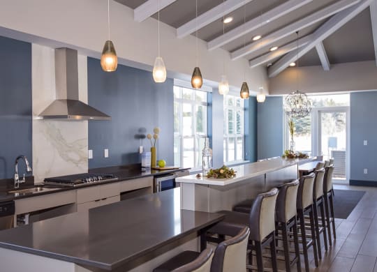 Clubroom Kitchen Area with Expansive Island and Ample Barstool Seating