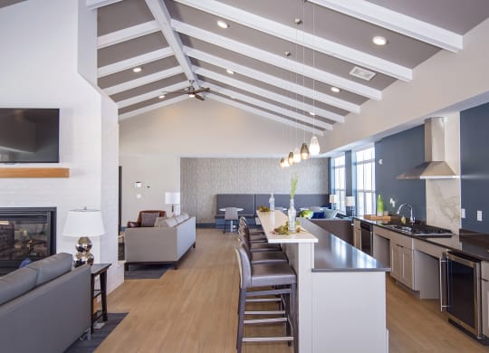 Large Clubroom with Multiple Lounges, Kitchen and Fireplace with Vaulted Ceilings
