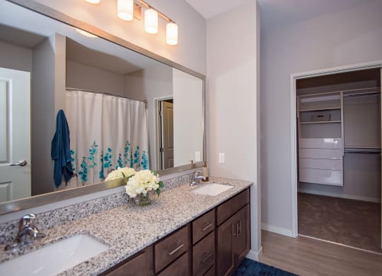 Large Bathroom Vanity with Granite Countertops and Dual Sinks