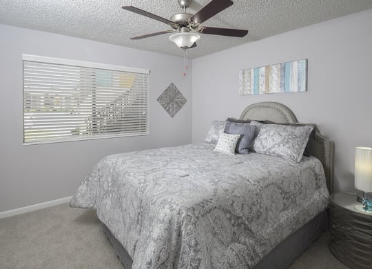 Spacious Bedroom with Ceiling Fan and Light