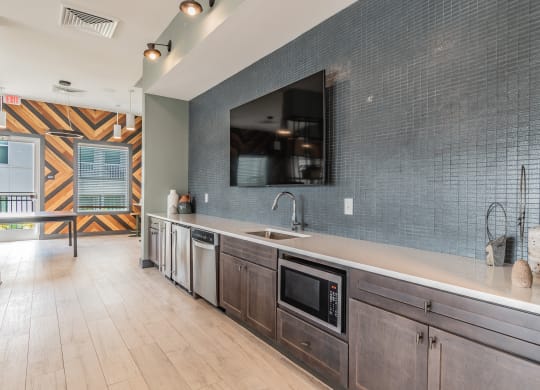 Large Countertop Area With Mounted Flat Screen TV