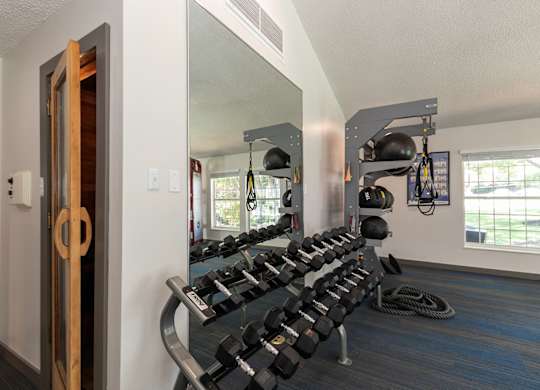 A gym with a mirror, weights, and other equipment, featuring a sauna around the corner.