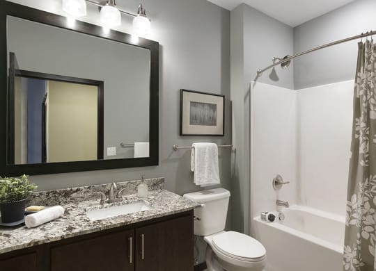 Spacious Bathroom with Granite Countertop Vanity