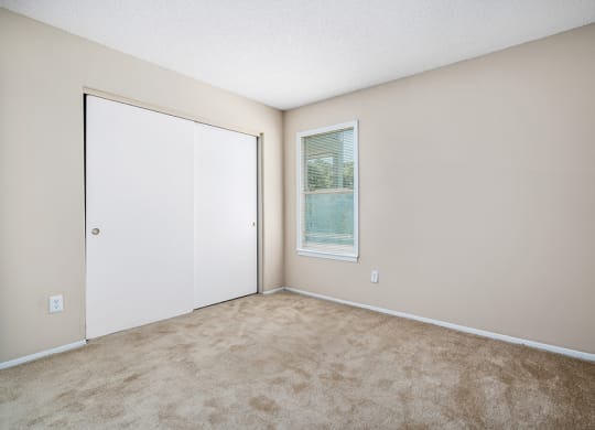 Carpeted Bedroom With Large Sliding Closet Doors