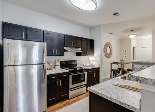 Kitchen Featuring Dark Cabinetry, Brushed Nickel Hardware & Stainless Steel Appliances