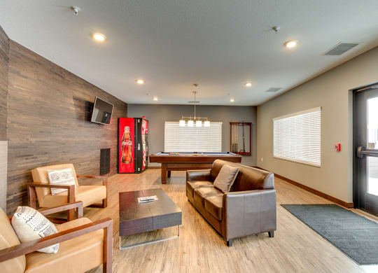 a game room with a pool table and couches