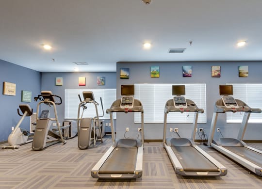 a gym with several treadmills and weights on the floor