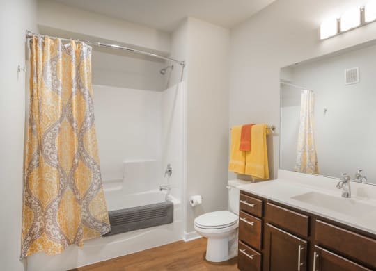 a bathroom with a sink toilet and shower and a mirror