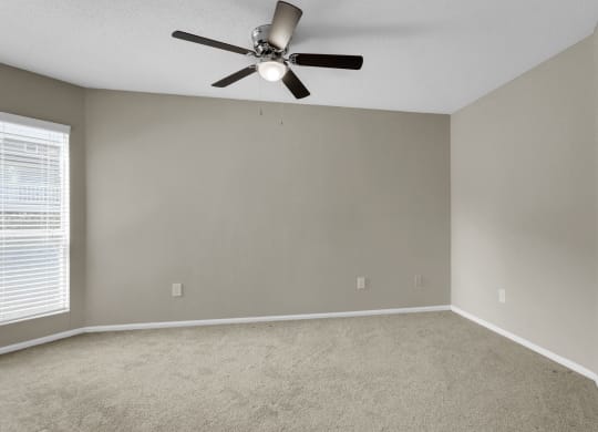 Spacious Carpeted Bedroom With Ceiling Fan