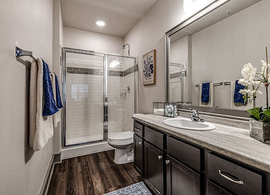 A bathroom with a sink, mirror, and shower.