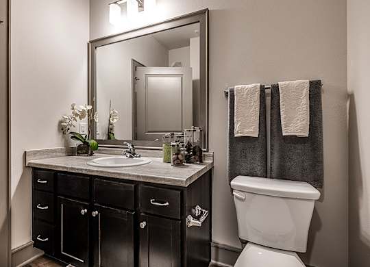 A bathroom with a sink, mirror, toilet and towel rack.