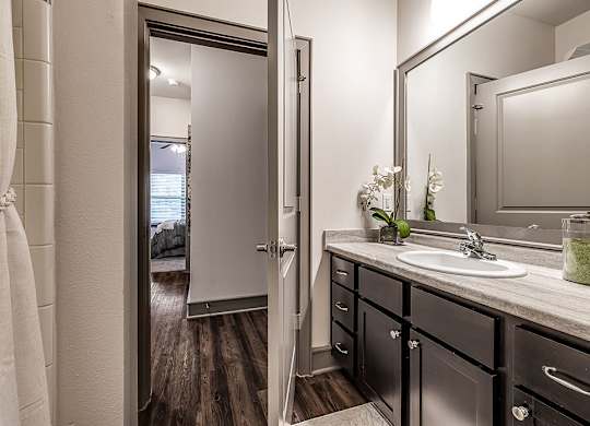 A bathroom with a sink, mirror, and a shower.